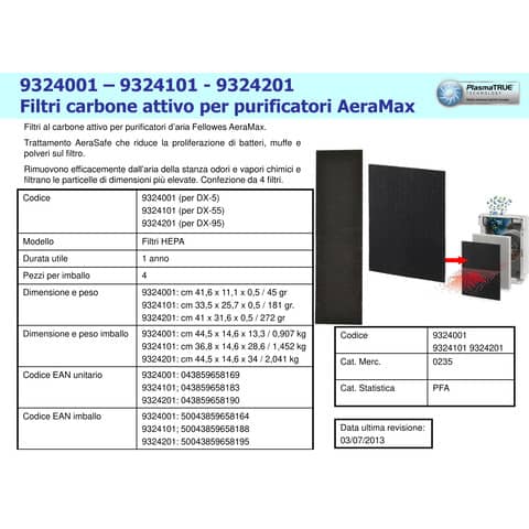 Filtri al carbone attivo per purificatori d'aria Fellowes AeraMax DX55 - conf. 4 pezzi - 9324101